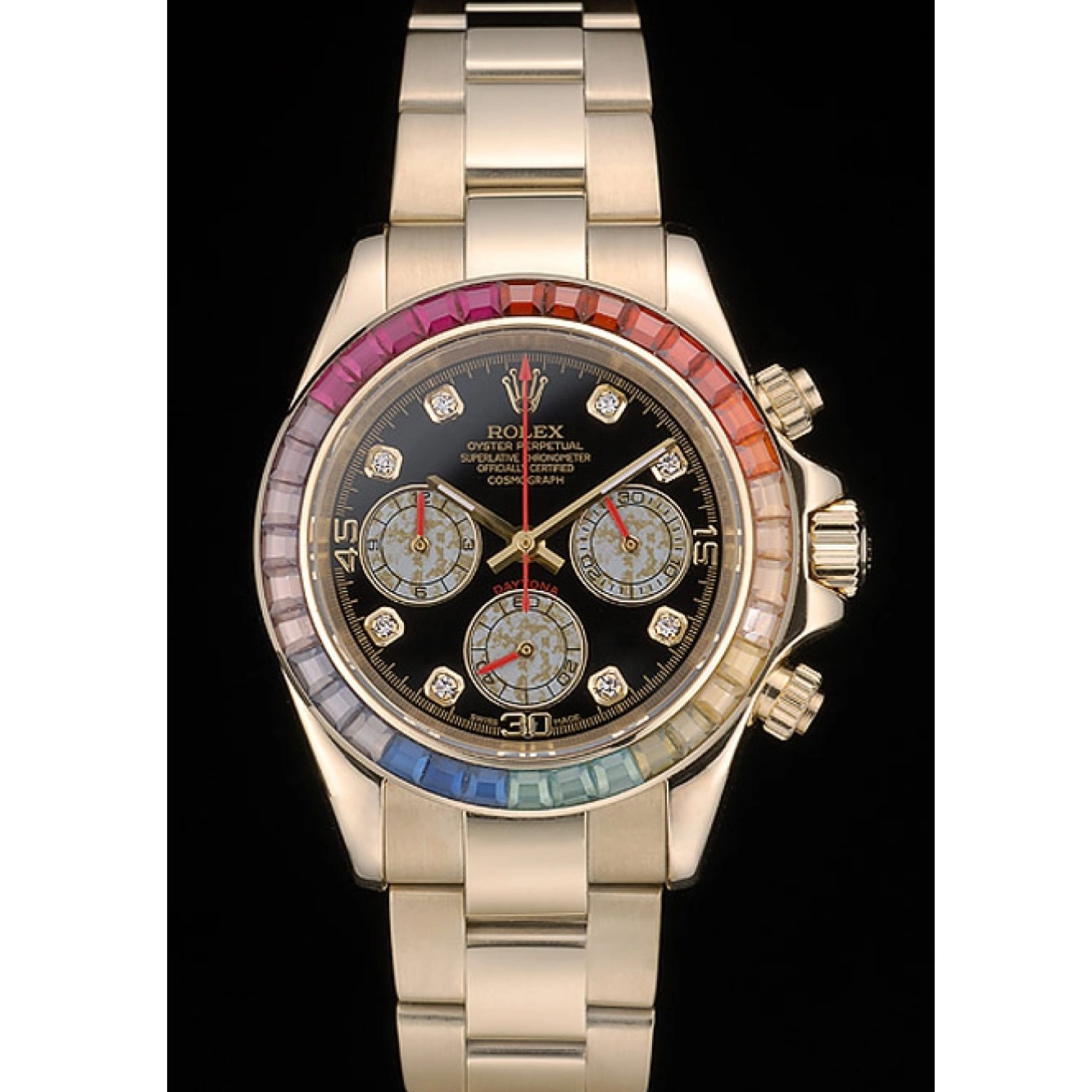 MiroTime 0816 Rolex Daytona Cosmograph Rainbow Crystals Bezel Rose Gold Strap Black Dial 80251